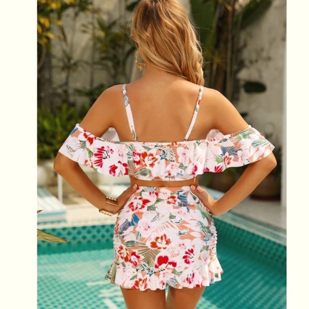 2Pc High Waist Tummy Control Swimsuit Ruffle Bikini Skirt Cold Shoulder NWT XL - Picture 2 of 11